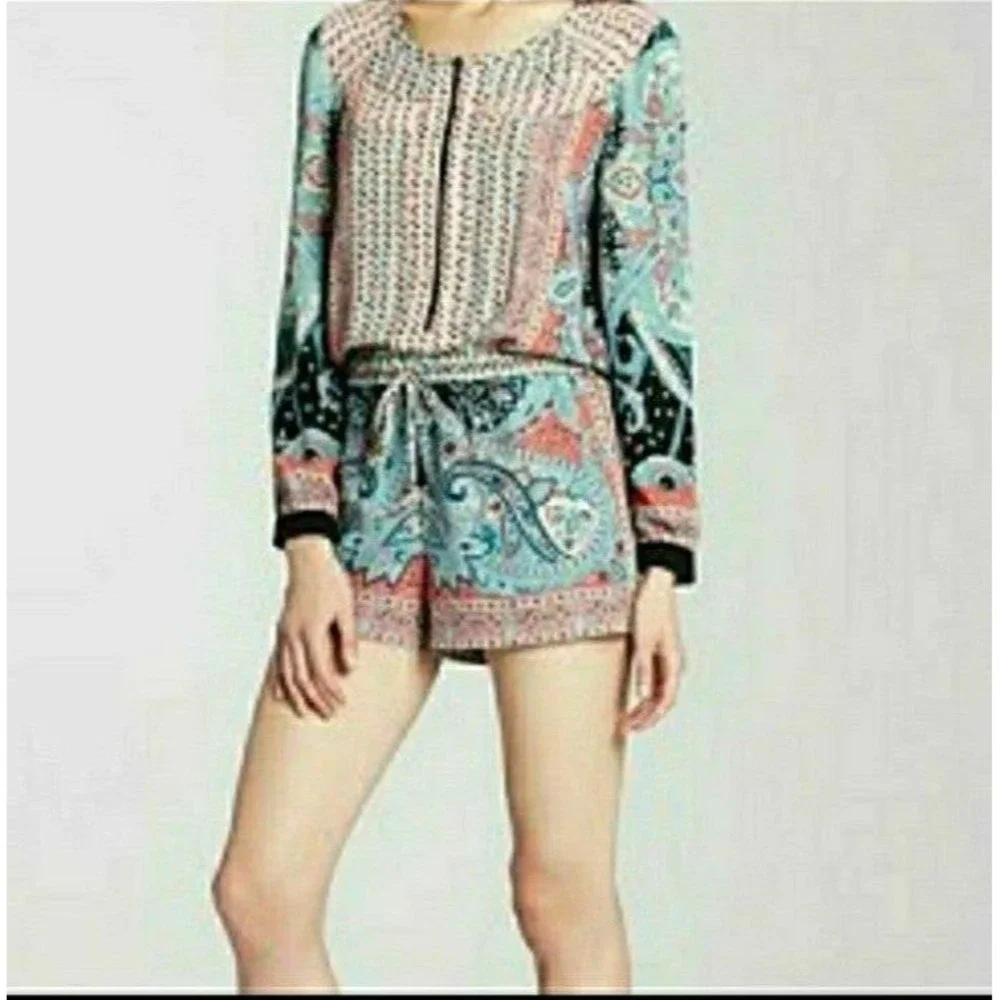 BCBGMAXAZRIA ROMPER BOHEMIAN TURQUOISE PRINT WOMENS MEDIUM NWOT